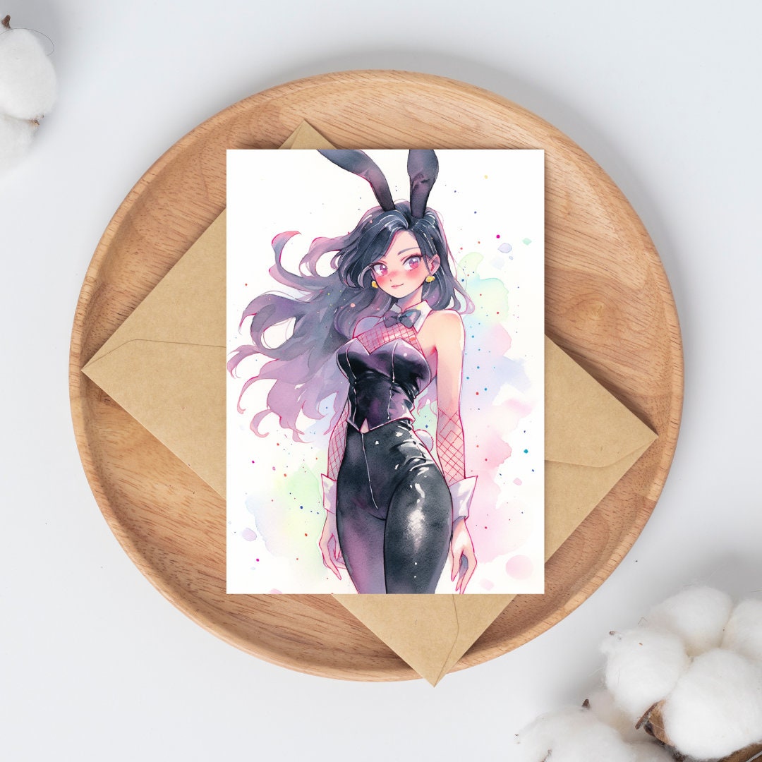 Elegant Service: Watercolor Bunny Waitress Anime Girl Art Print