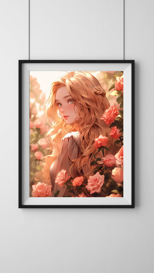 Floral Serenity: Cottagecore Girl Amidst Roses Art Print