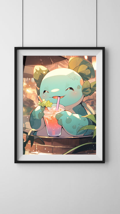 Charming Axolotl Enjoying a Cool Drink Art Print - Frame Not Included