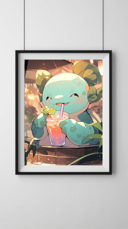 Charming Axolotl Enjoying a Cool Drink Art Print - Frame Not Included