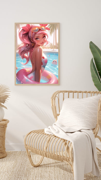 Summer Serenity - Anime Style Poolside Bliss Art Print - Frame Not Included