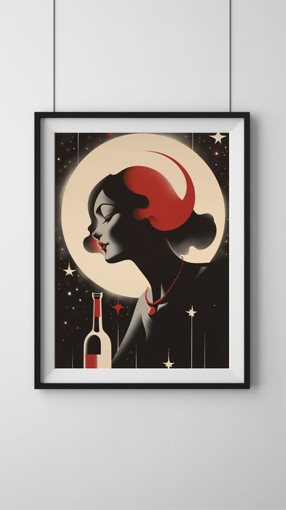 Retro Elegance Wine Connoisseur Art Print - Vintage Moonlight Serenity