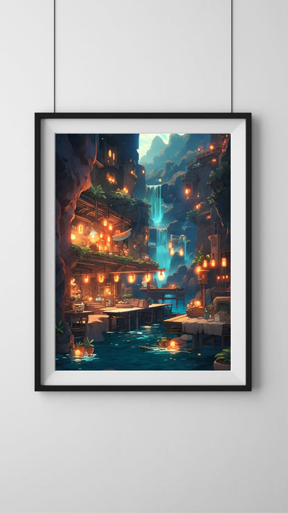 Serene Waterfront Village Art Print - Frame Not Included