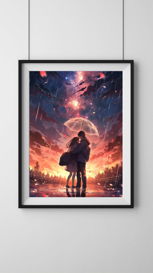Sunset Embrace: Romantic Rainy Dusk Art Print