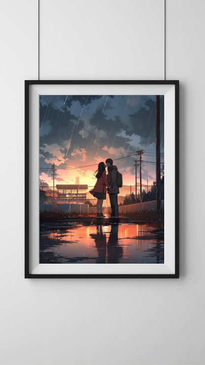 Sunset Embrace: Romantic Rainy Dusk Art Print