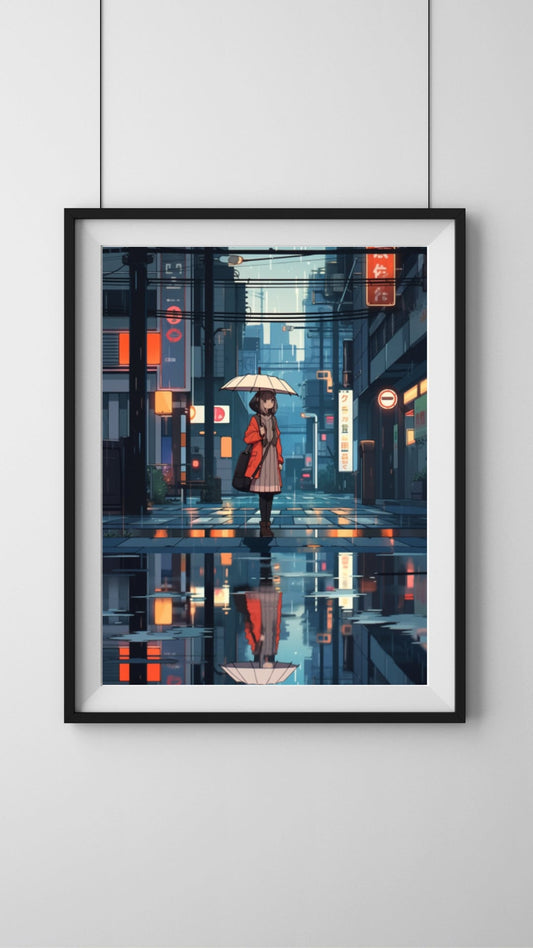 Urban Rain Reflection: Solitary Figure Art Print