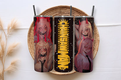 Dynamic Fiend 20 oz Skinny Tumbler - Manga-Inspired Fierce Character Design - Insulated Cup with Chainsaw Motif