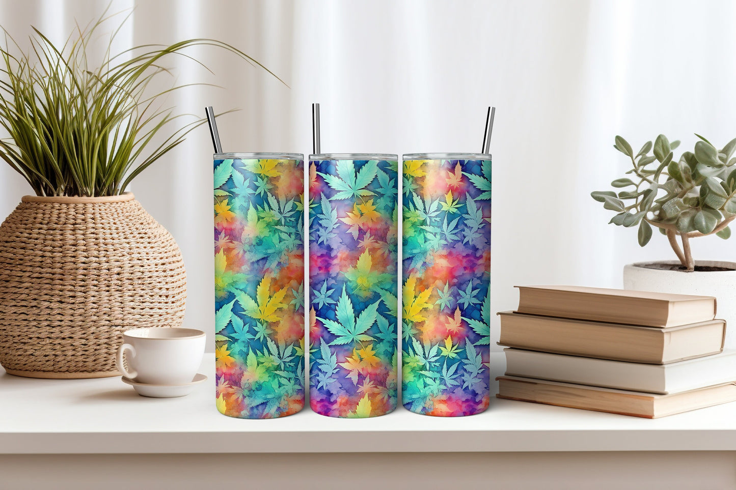 Psychedelic Foliage 20 oz Skinny Tumbler - Watercolor Leaf Insulated Drinkware
