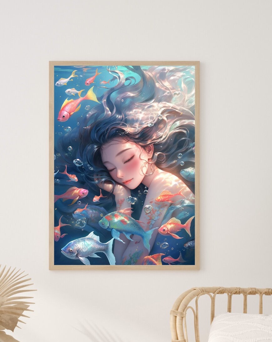 Ocean's Embrace Mermaid & Fish Art Print - Frame Not Included