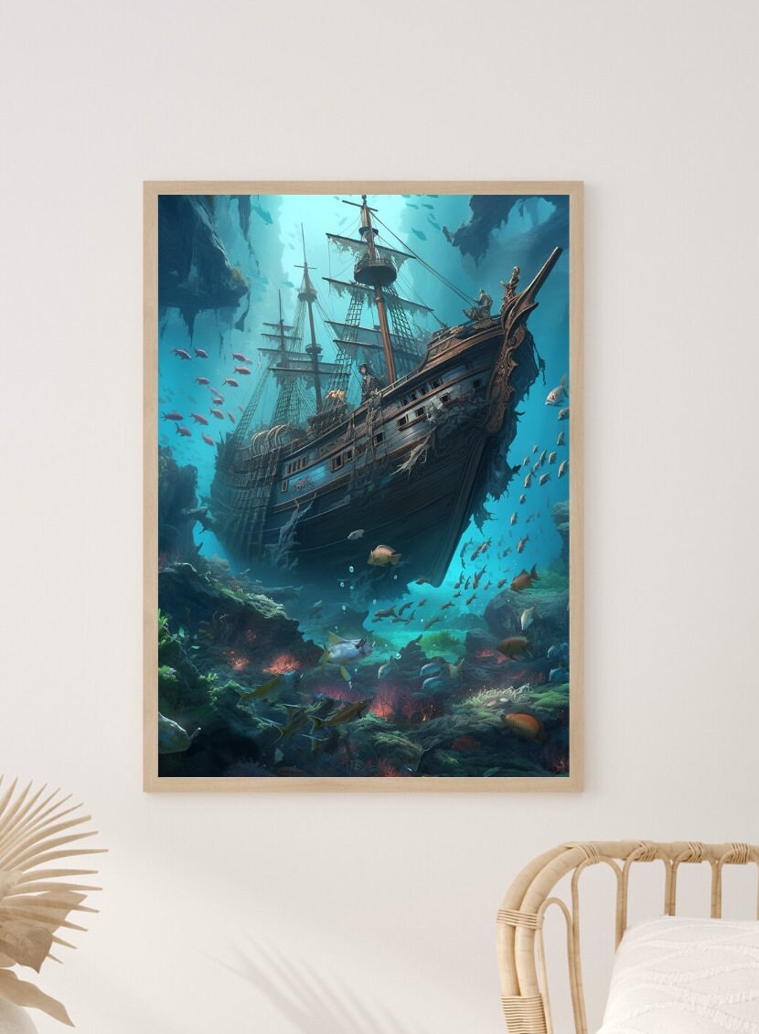 Ocean's Embrace Mermaid & Fish Art Print - Frame Not Included