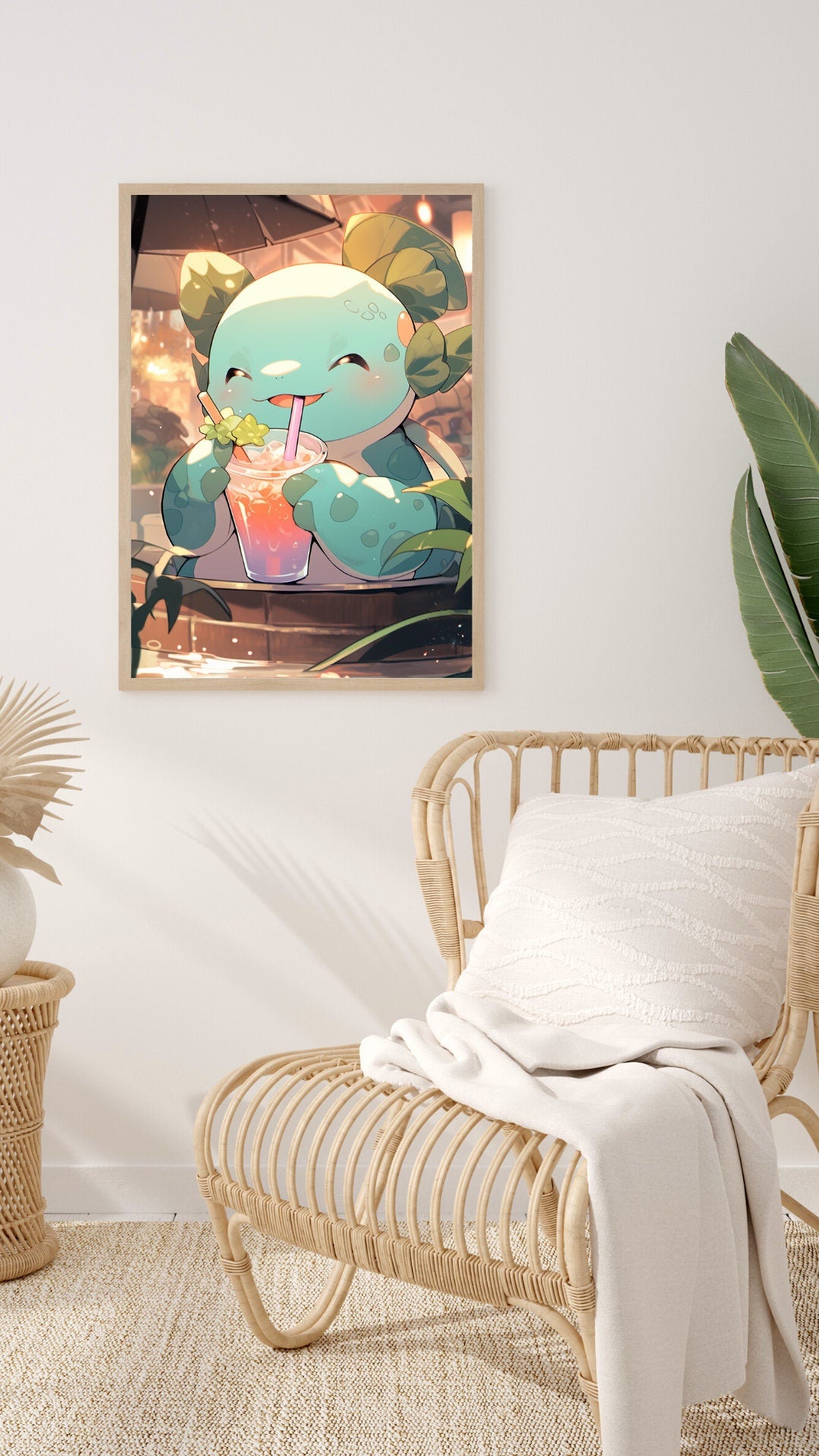 Charming Axolotl Enjoying a Cool Drink Art Print - Frame Not Included