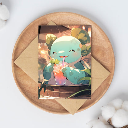 Charming Axolotl Enjoying a Cool Drink Art Print - Frame Not Included