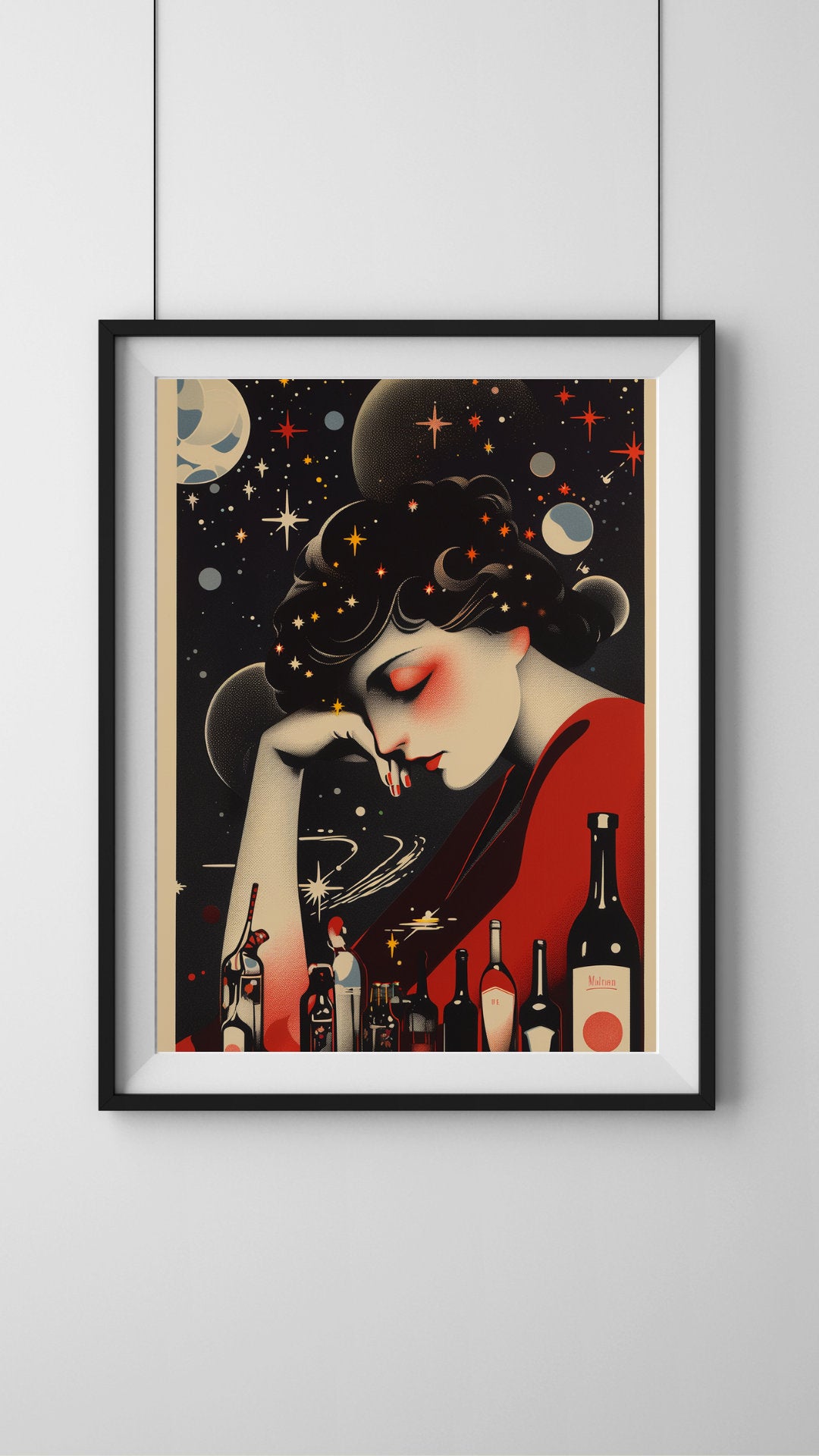 Retro Elegance Wine Connoisseur Art Print - Vintage Moonlight Serenity