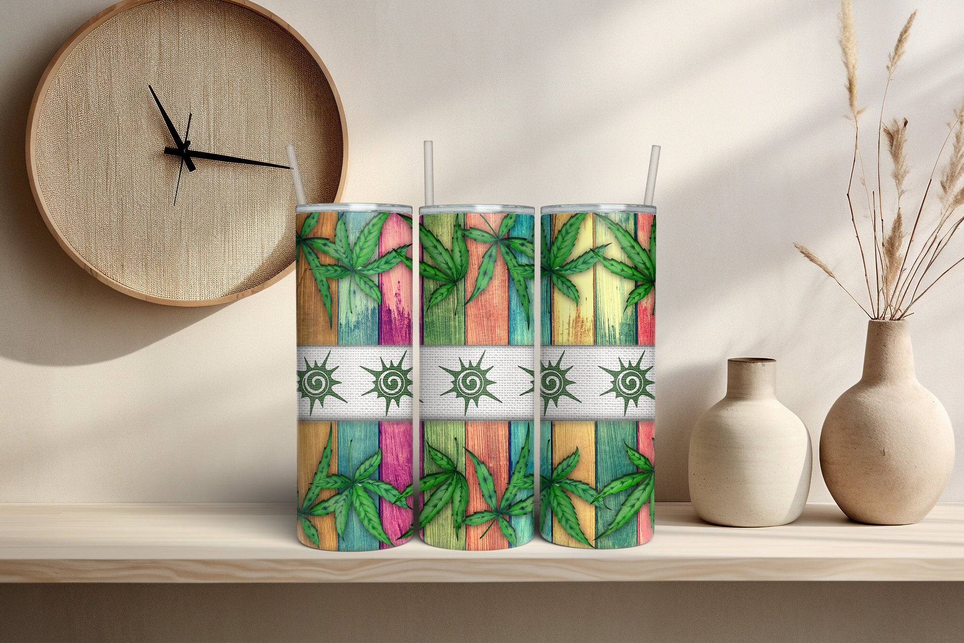 Rustic Botanical 20 oz Skinny Tumbler - Wooden Design with Leaf Motif Insulated Cup